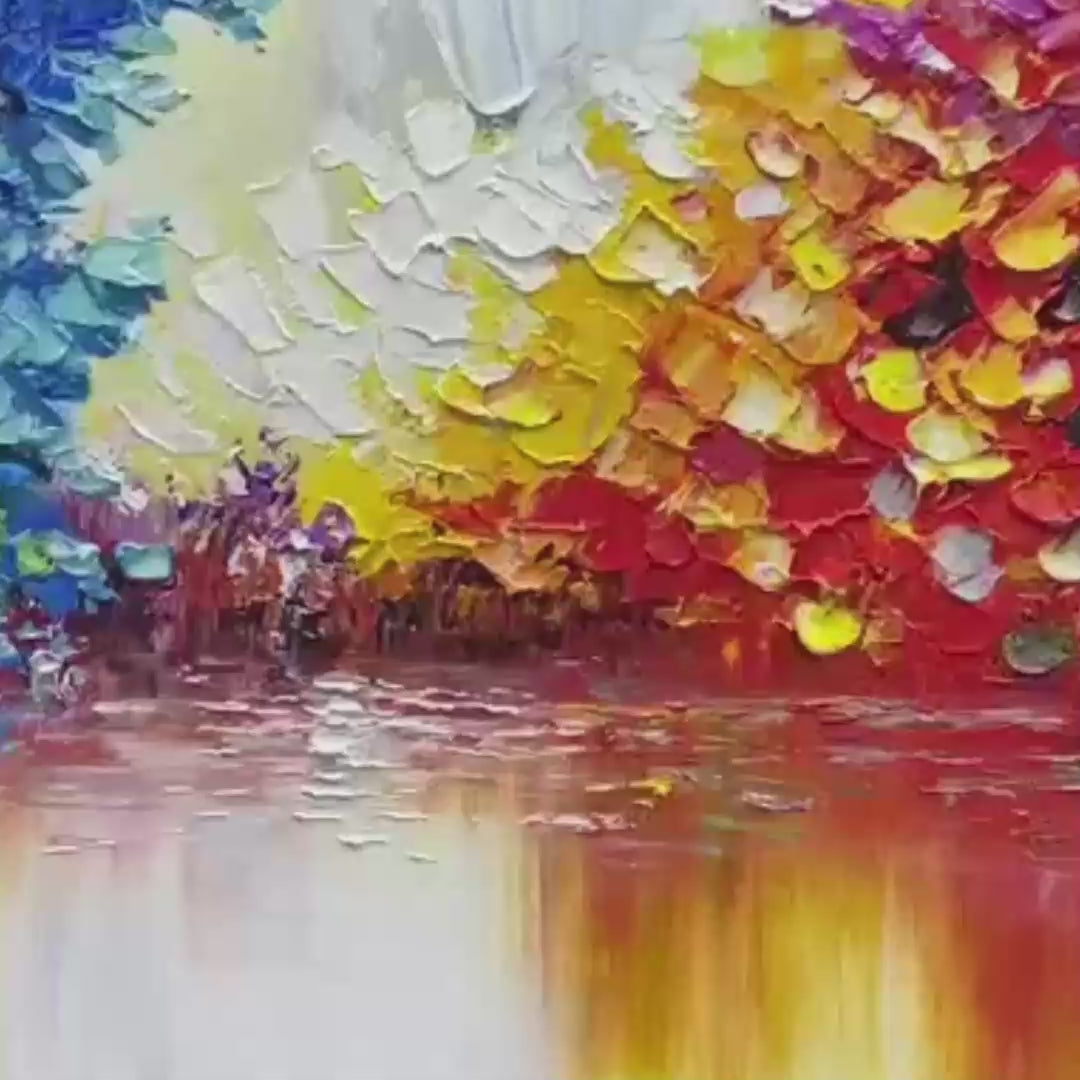 Colorful Reflections original abstract landscape painting with textured impasto brushstrokes in vibrant blues, oranges, yellows, and reds.