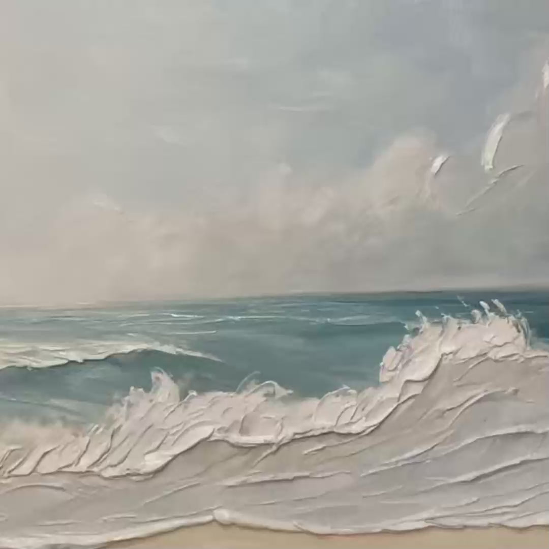 Panoramic ocean painting, textured waves on beach, serene blue water & sky. Liam O'Connell beach wall art.