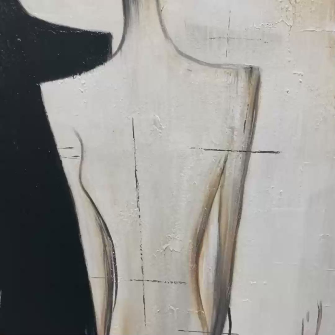 Duality: Original Abstract Figurative Oil Painting - Black White Gold Textured Vertical Wall Art