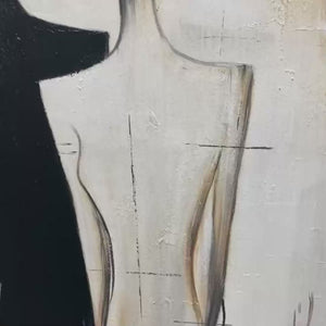 Duality: Original Abstract Figurative Oil Painting - Black White Gold Textured Vertical Wall Art