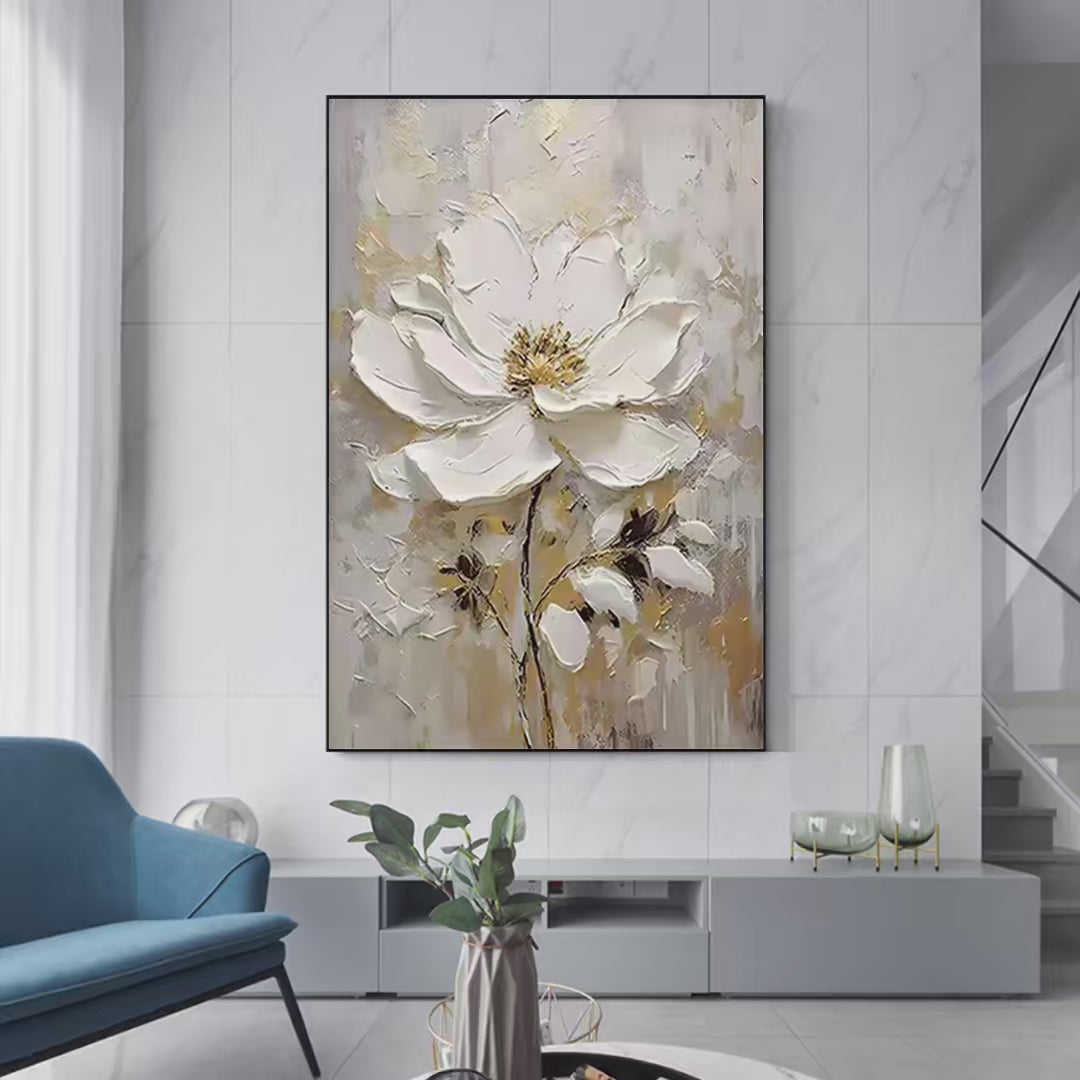 WHITE BLOSSOM: Textured White Floral Painting, Impasto Wall Art, Vertical Canvas, Romantic Decor