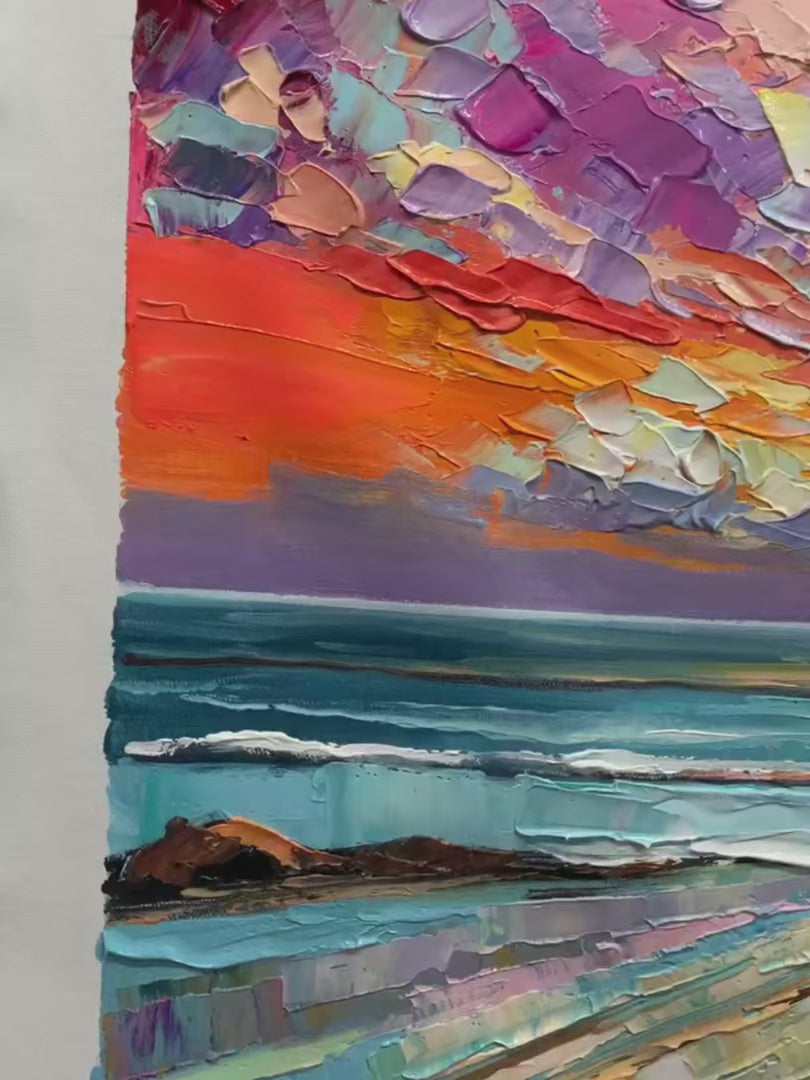 Colorful Seascape Oil Painting - Vibrant Sunset Wall Art for Home