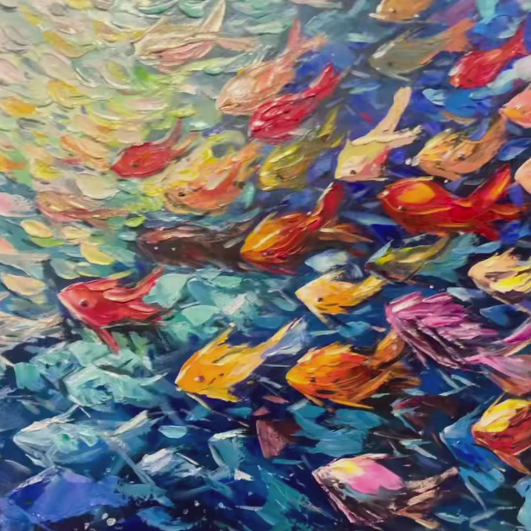RIVER OF LIFE Colorful Abstract Fish School Impasto Oil Painting
