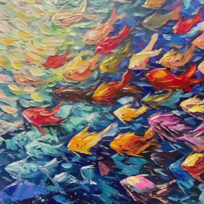 RIVER OF LIFE Colorful Abstract Fish School Impasto Oil Painting