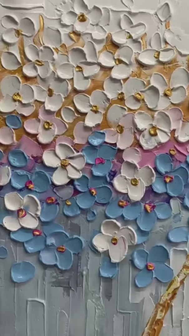 Azure Dream: Textured Floral Landscape Oil Painting Canvas Wall Art