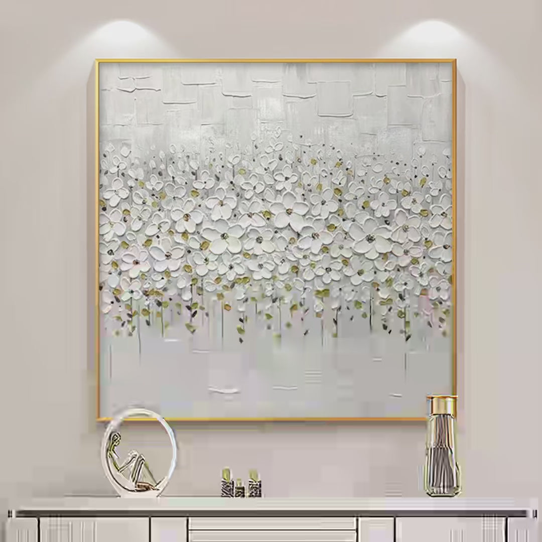 White Blossom Field Textured White Floral Painting Square Wall Art Neutral Decor