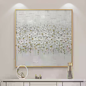 White Blossom Field Textured White Floral Painting Square Wall Art Neutral Decor