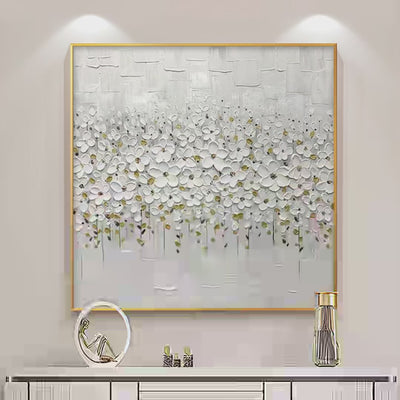 White Blossom Field Textured White Floral Painting Square Wall Art Neutral Decor