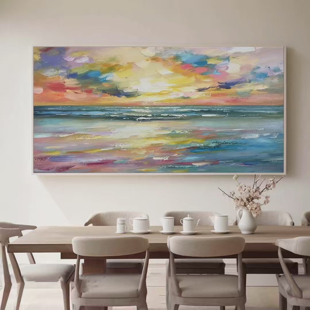 SEASIDE SUNSET SERENADE: Ocean Painting, Impasto Texture, Sunset Beach, Panoramic Wall Art, Horizontal Canvas