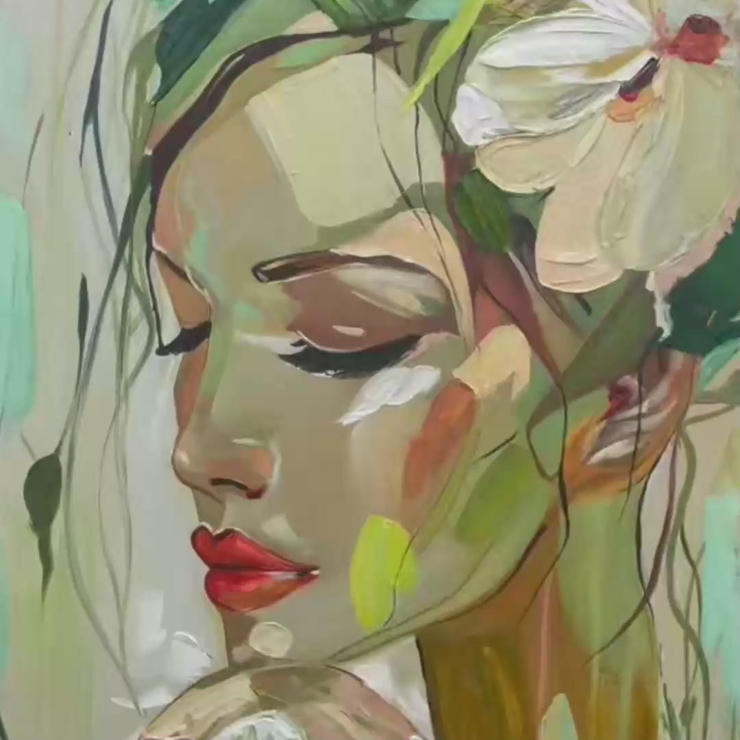 BLOSSOMING SERENITY: Impressionistic Floral Portrait Oil Painting