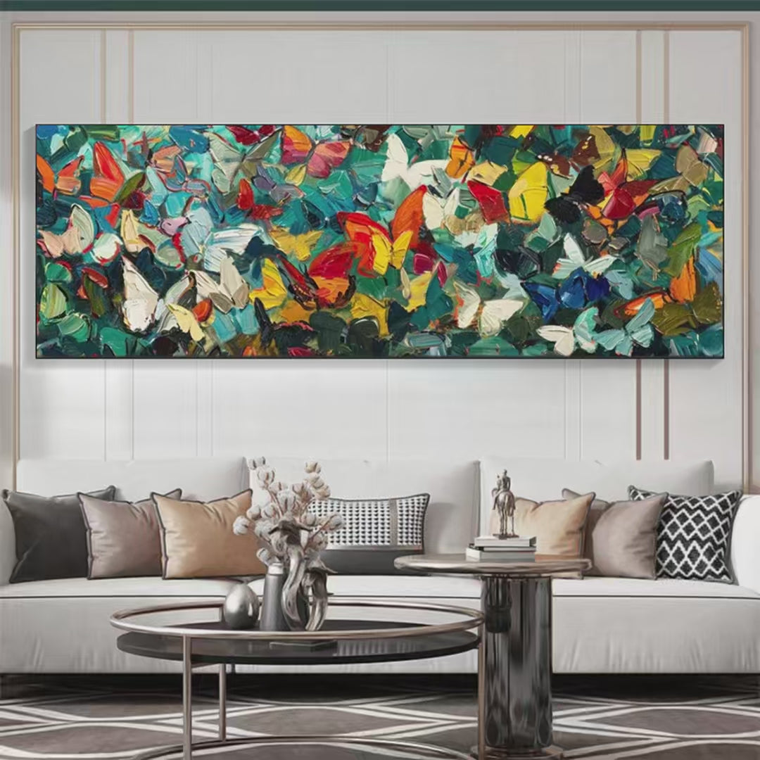 Butterfly Whirlwind Panoramic: Butterfly Painting | Panoramic Wall Art | Impasto Decor