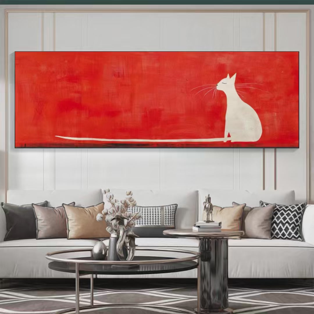 Minimalist Cat on Red Panoramic: Cat Painting | Panoramic Wall Art | Minimalist Decor