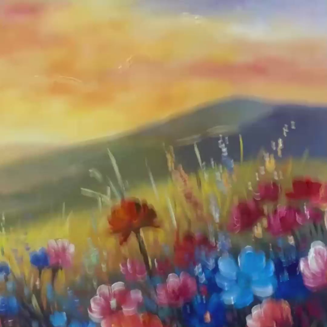 Sunset Serenade: Textured Floral Landscape Painting | Impasto Wall