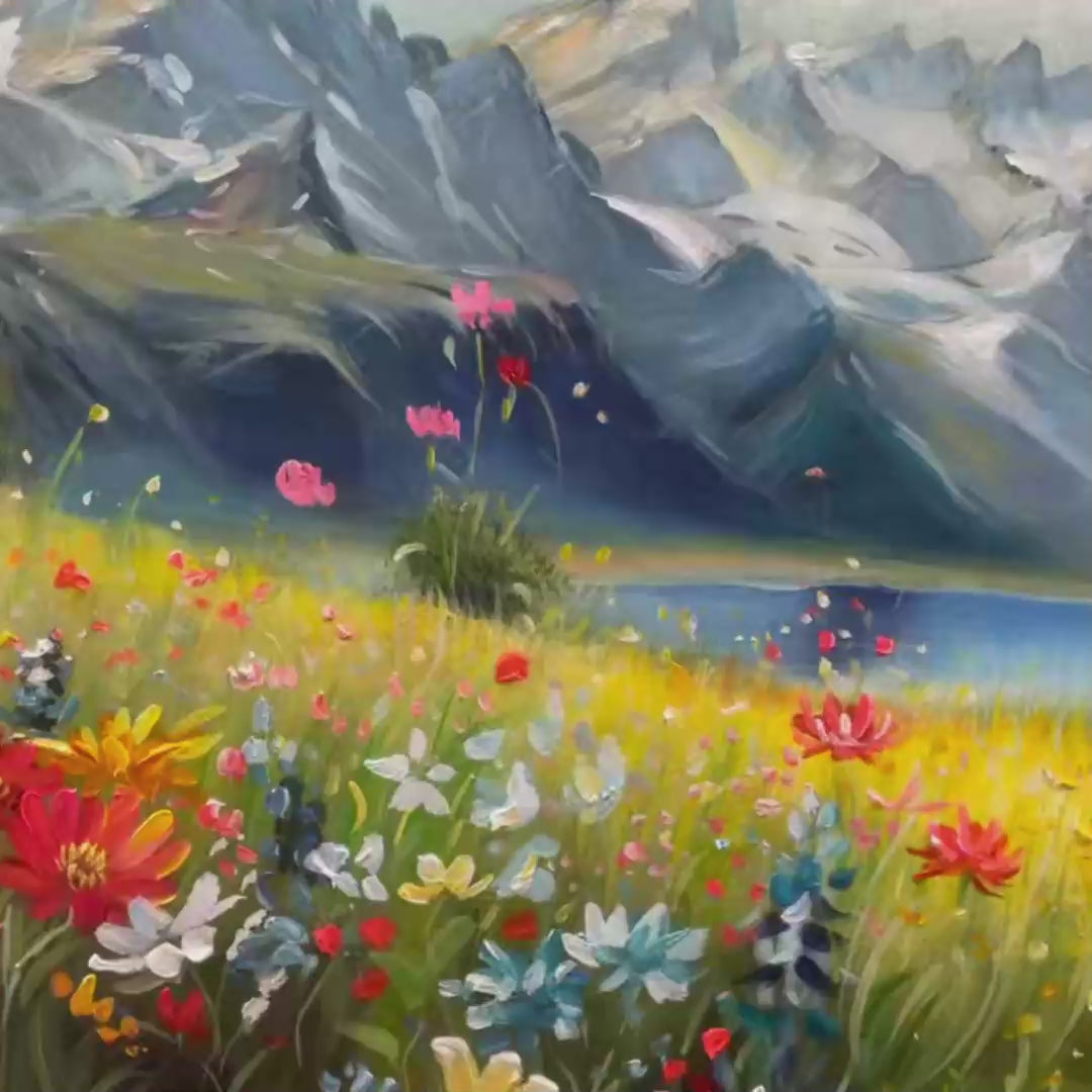 Alpine Meadow impasto painting by Isabella Rossi, vibrant wildflowers, snow-capped mountains, lake landscape artwork.