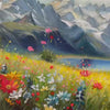 Alpine Meadow impasto painting by Isabella Rossi, vibrant wildflowers, snow-capped mountains, lake landscape artwork.