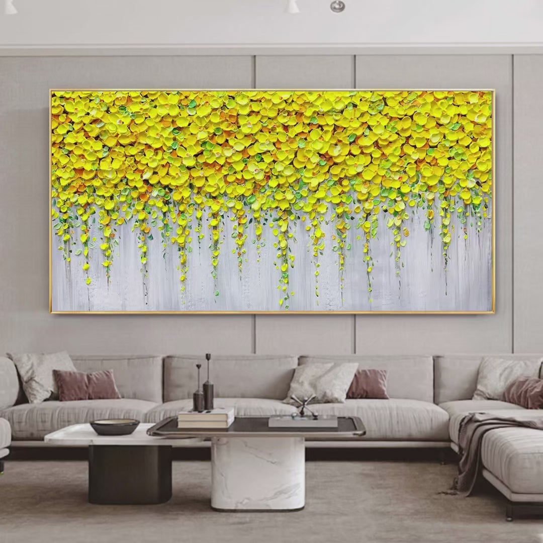 Golden Cascade: Textured Yellow Floral Painting on Grey for Elegant Decor