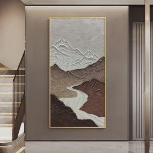 Earth River: Textured Brown & White Mountain River Landscape Painting