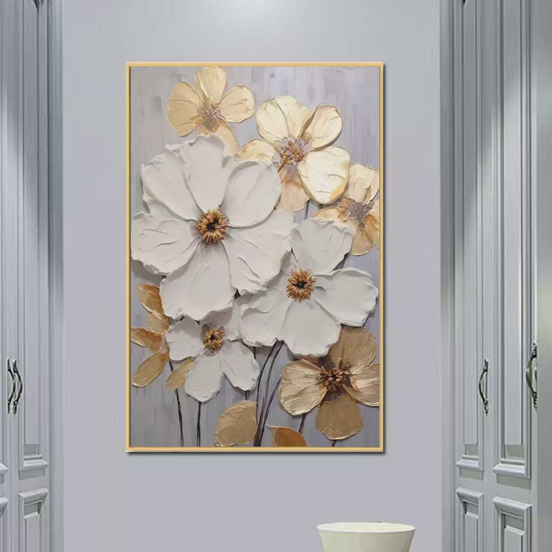 Golden Whispers: Textured Floral Painting | Gold and White Wall Art | Vertical Canvas | Impasto Decor