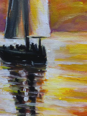 SAILING AT SUNSET: Square Impasto Landscape Painting of a Tranquil Lake