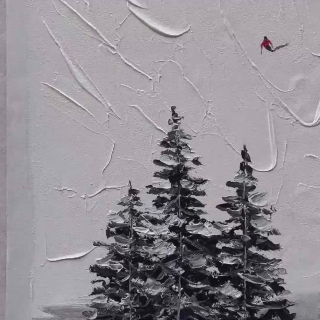 Alpine Ski by Javier Ramirez: Textured minimalist black and white painting with skiers on a snowy slope and evergreen trees.