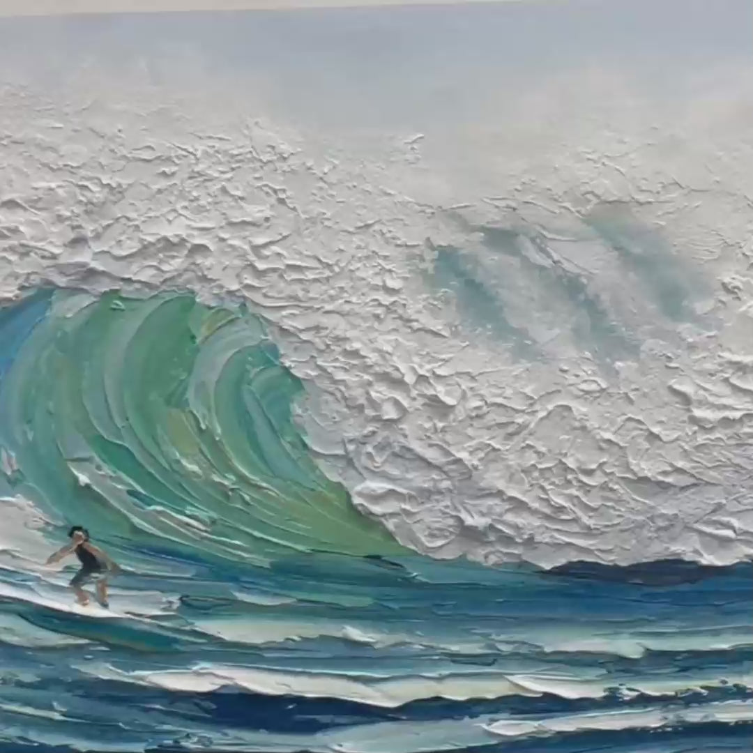 Textured blue ocean wave painting with surfer, Emerald Surge by Liam O'Connell.