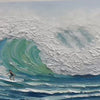Textured blue ocean wave painting with surfer, Emerald Surge by Liam O'Connell.