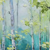 Textured birch tree painting, "Aspen Grove" panoramic canvas with green & yellow forest hues, nature-inspired wall art.