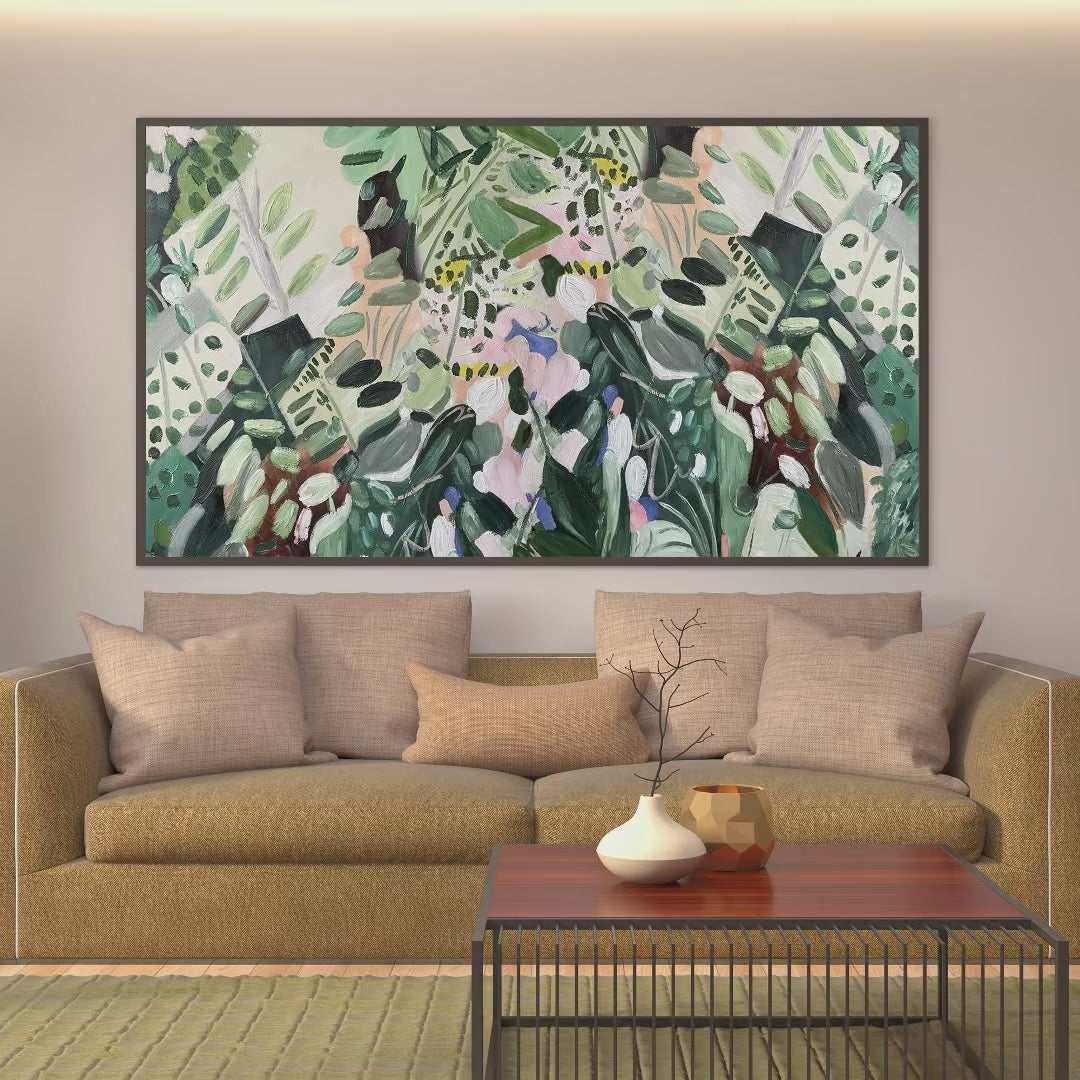 Secret Garden: Panoramic Green Botanical Landscape Painting for Tranquil Decor