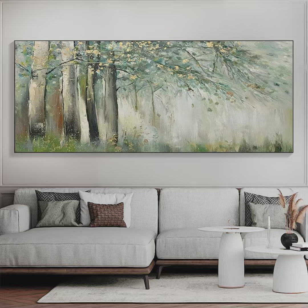 Whispering Woods: Serene Green & Gold Forest Landscape Painting for Tranquil Decor