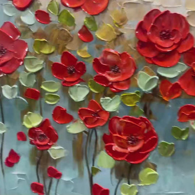 Textured impasto painting of a crimson field with vibrant red poppies and green leaves, showcasing thick brushstrokes.