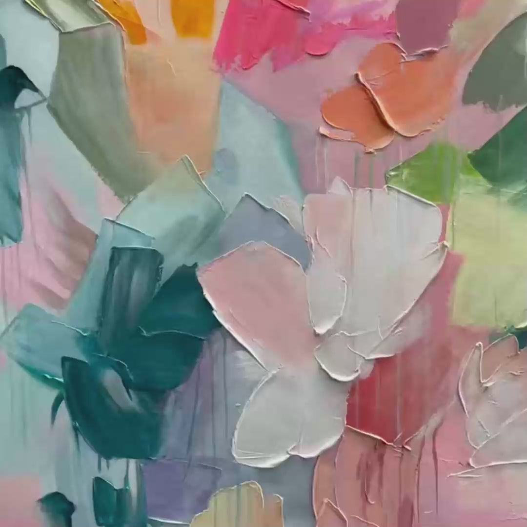 Textured "Pastel Dream" floral art in soft pink, peach, yellow, green, blue hues. Black frame.