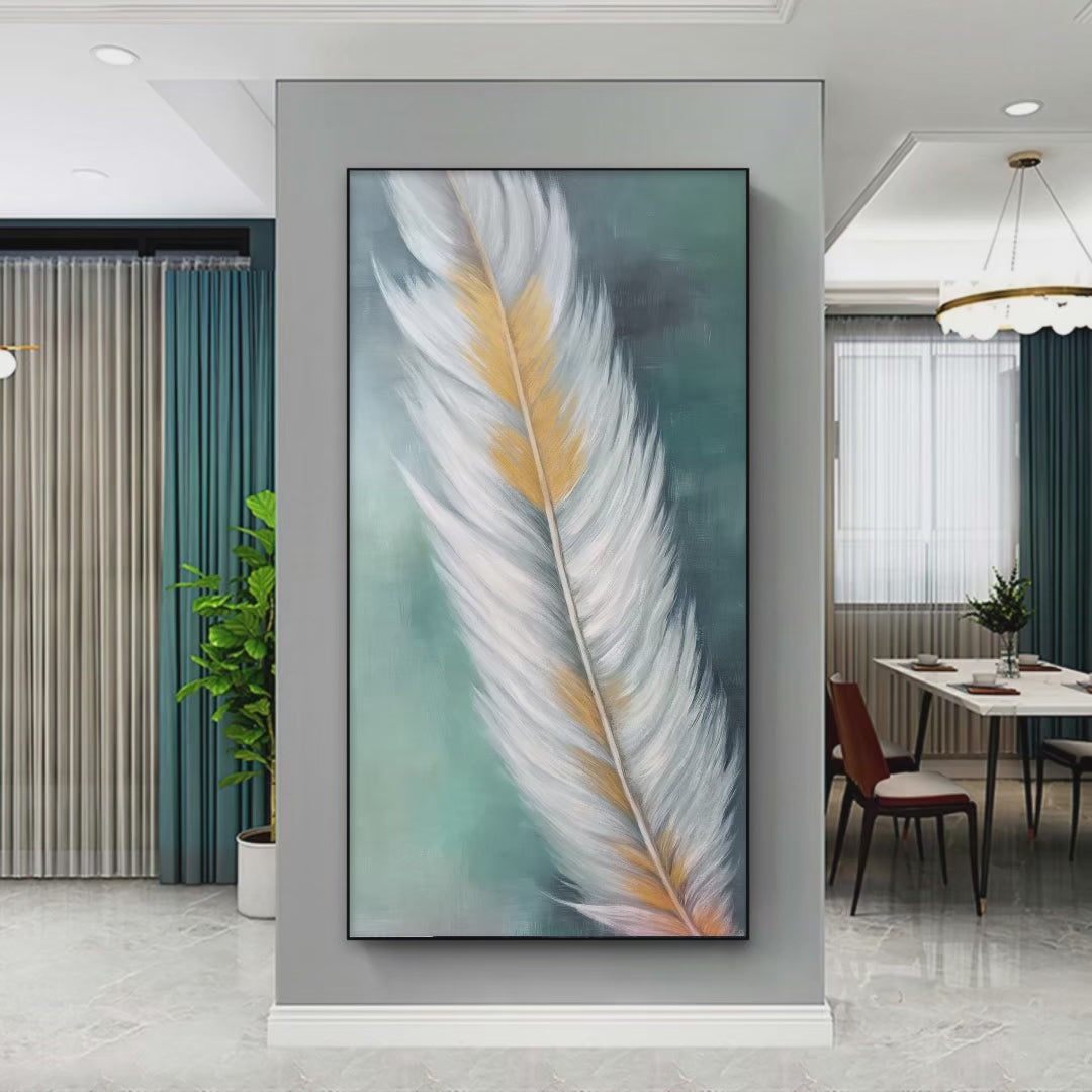 Golden Quill: White and Gold Feather Painting | Green Background Wall Art | Vertical Canvas | Minimalist Decor