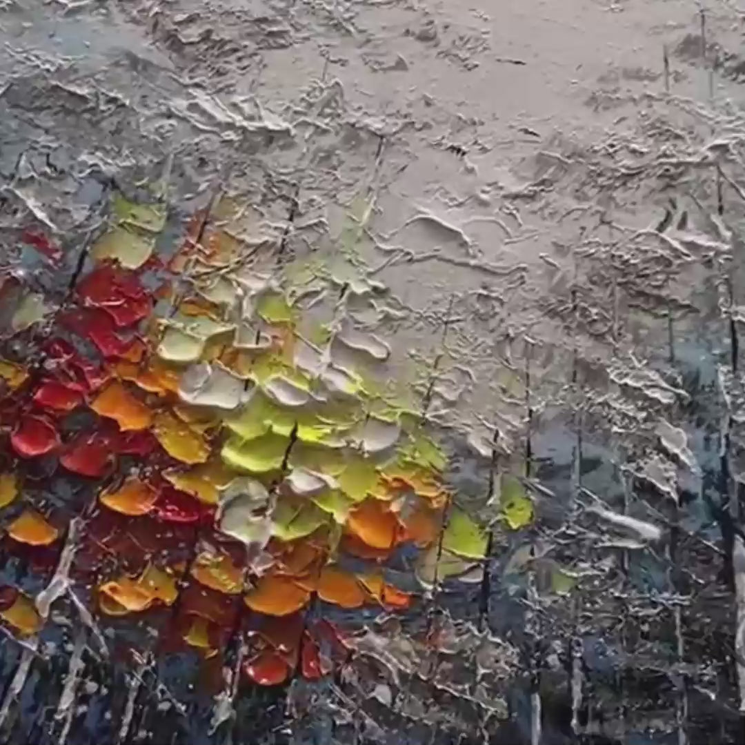 AUTUMN ASPEN: Textured impasto painting of colorful forest landscape with aspen trees in red, orange, and yellow.