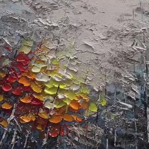 AUTUMN ASPEN: Textured impasto painting of colorful forest landscape with aspen trees in red, orange, and yellow.