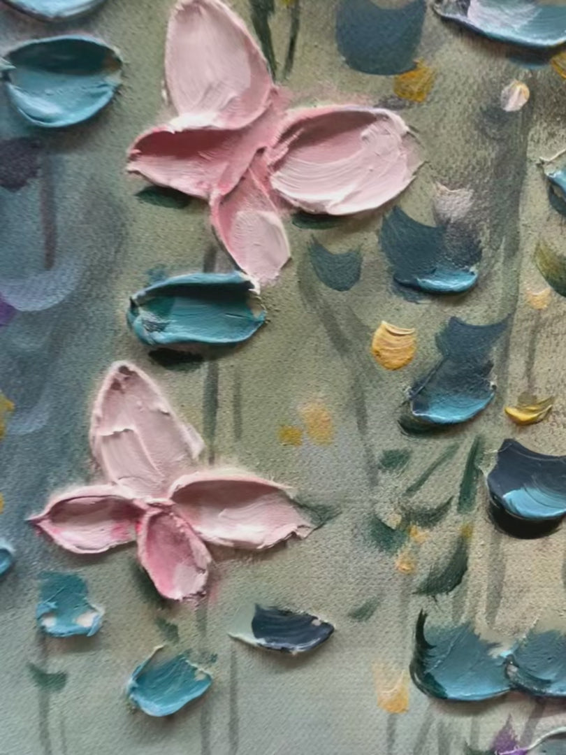 Cascade: Original Panoramic Floral Oil Painting - Butterfly Wall Art Decor