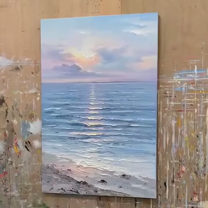 Serene Seascape: Vertical Ocean Painting | Blue | Minimalist | Beach & Sea | Living Room, Bedroom, Hallway