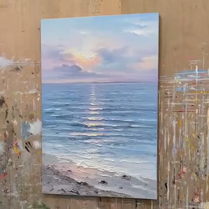 Serene Seascape: Vertical Ocean Painting | Blue | Minimalist | Beach & Sea | Living Room, Bedroom, Hallway