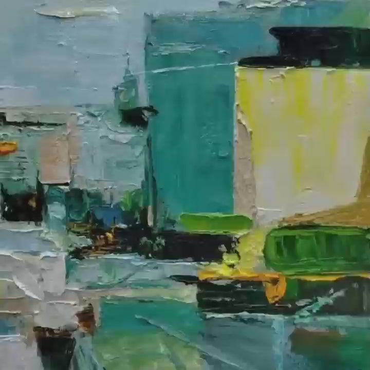 AQUAMARINE CITY: Textured Abstract Cityscape Oil Painting