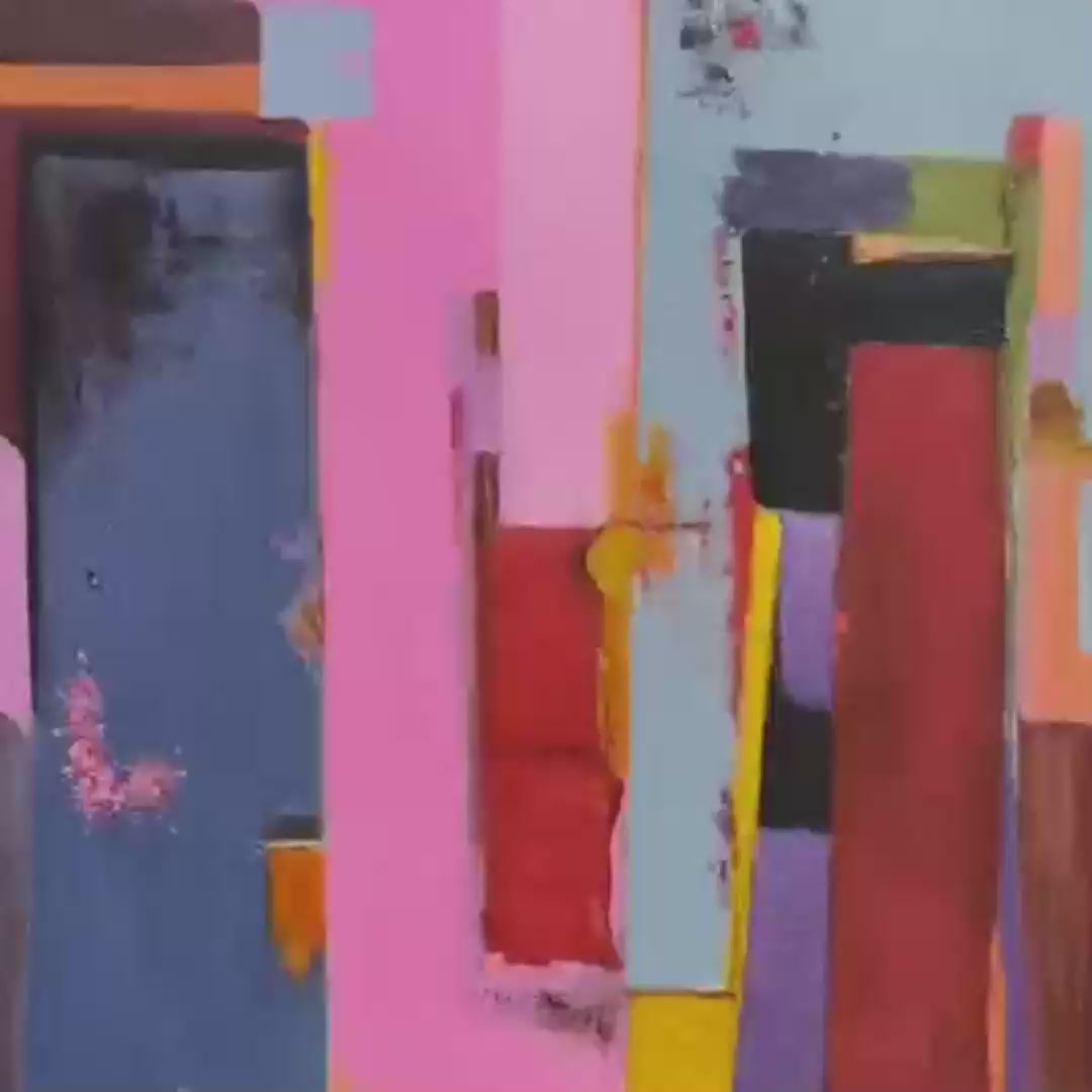 Pink City Abstract by Willow Davies. Modern, vertical wall art in pink, teal, red, and brown, gold framed.