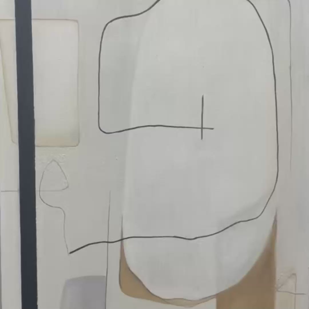 Javier Ramirez's Minimalist Abstract Painting with neutral tones and black lines, square wall art for modern home decor