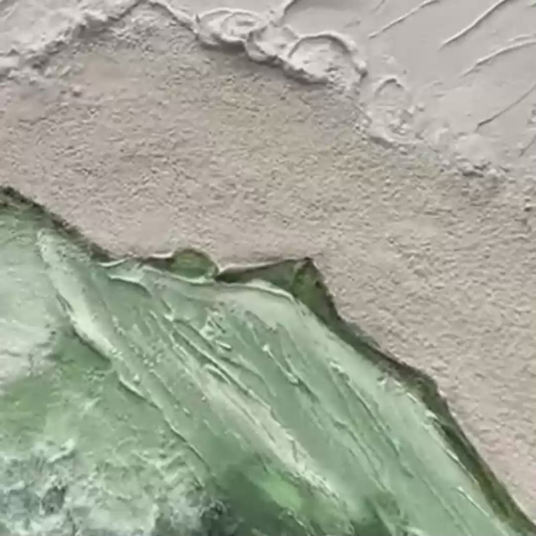 Textured abstract impasto painting, Sage River, in sage green, deep forest green & white for living room.