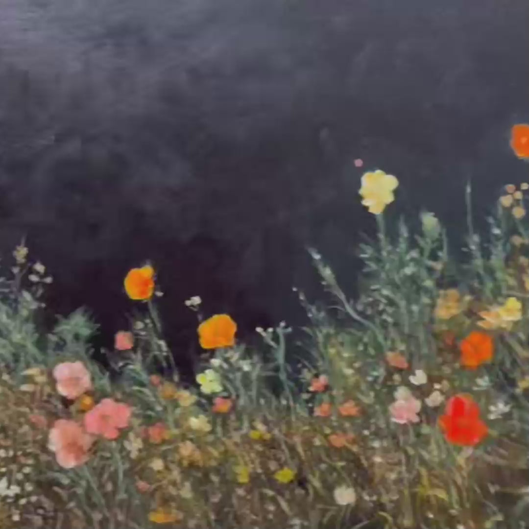 Panoramic wildflower painting, dark floral decor. Features pink, orange, yellow blooms against a dark background.