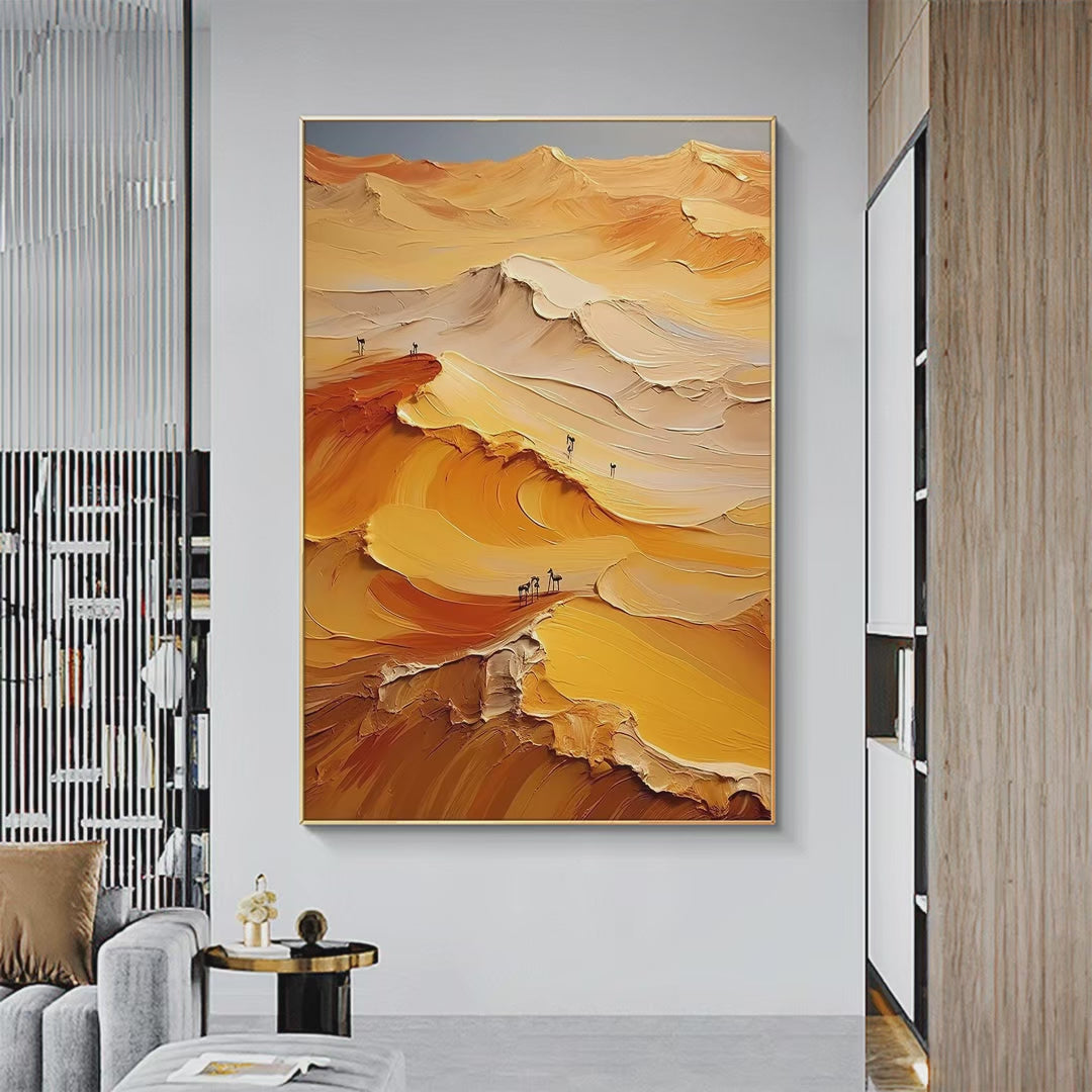Golden Dunes: Textured Orange Desert Landscape Impasto Painting for Living Room