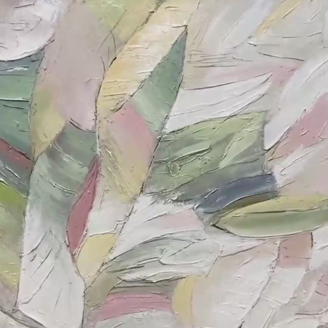 PINK WHISPERS: Original handmade abstract wall art by Elodie Dubois. Textured painting in pink and green, horizontal.