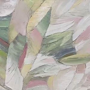 PINK WHISPERS: Original handmade abstract wall art by Elodie Dubois. Textured painting in pink and green, horizontal.