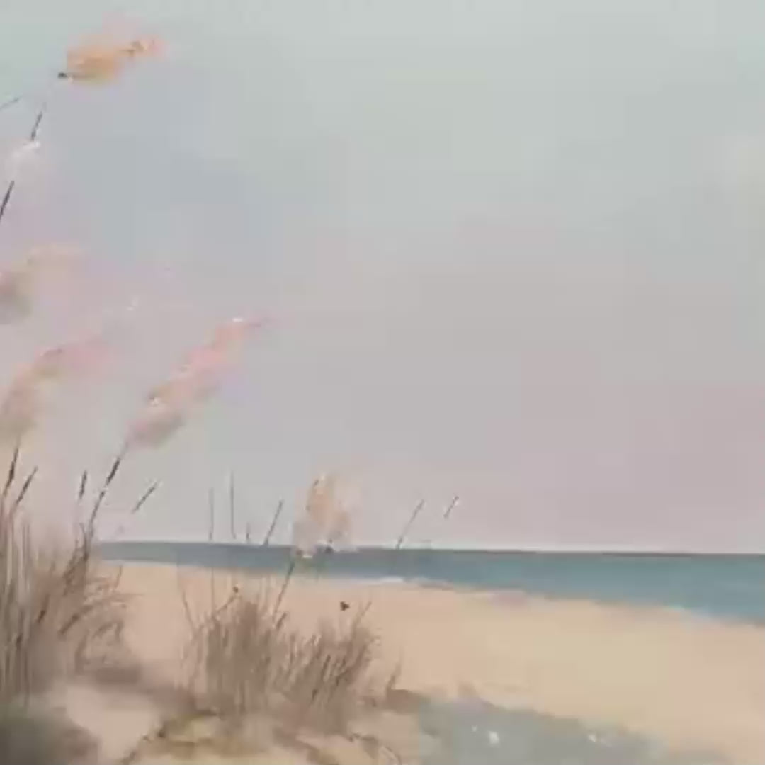 Beach Grass Panoramic oil painting artwork showcasing tall wispy grass, sand, calm ocean, and sky.