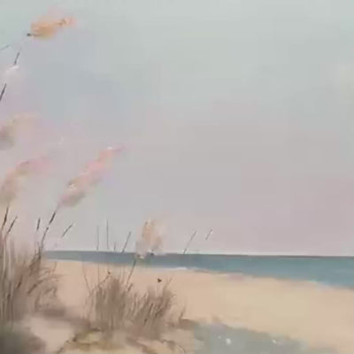 Beach Grass Panoramic oil painting artwork showcasing tall wispy grass, sand, calm ocean, and sky.