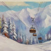 SNOWY SLOPES: Panoramic ski resort oil painting by Chak Yu Lam with ski lift, snow-covered mountains and vibrant trees.