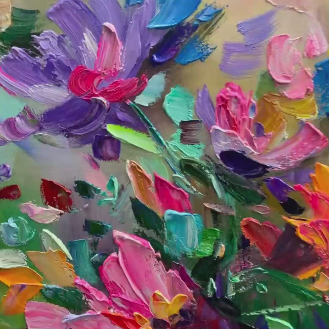 Colorful Bloom: Vertical impasto floral painting by Elodie Dubois, featuring vibrant colors and textured impasto
