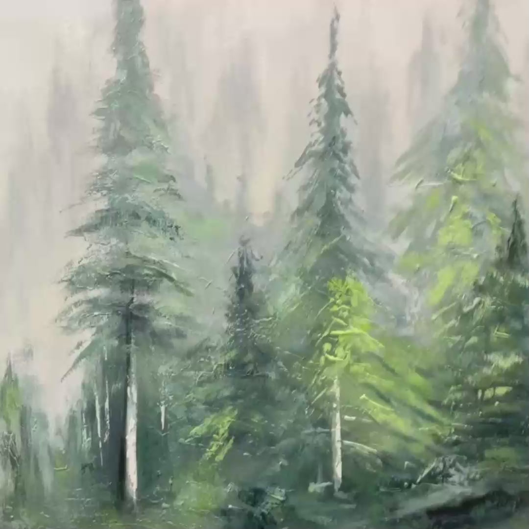 Textured emerald forest oil painting, atmospheric pine trees with impasto detail, misty background. Liam O'Connell artwork.